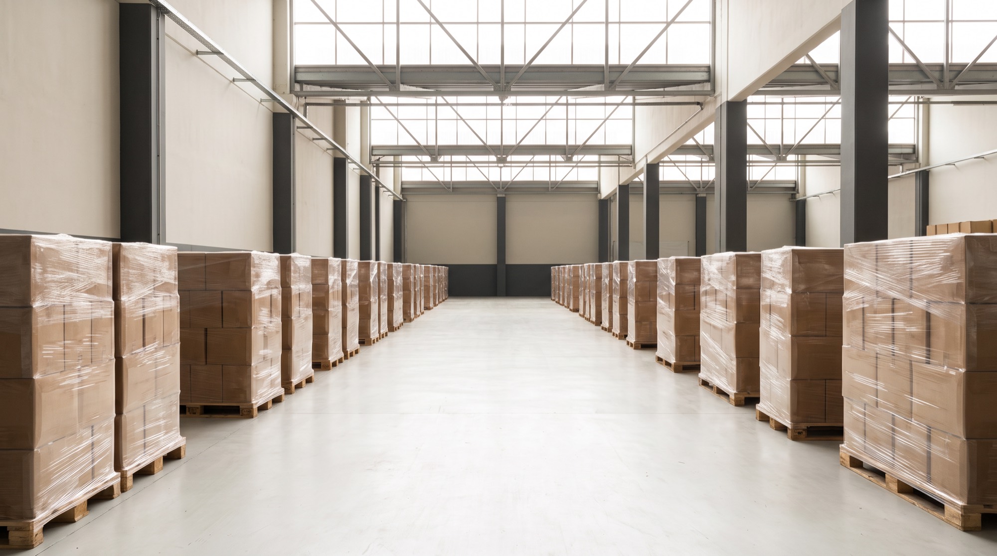 Pallets of wrapped cartons in a bright, orderly export warehouse