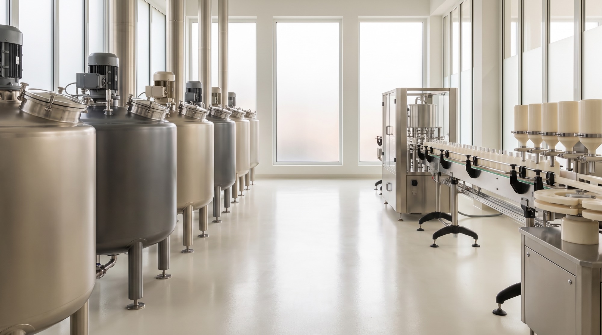 Stainless steel mixing vessels and a filling line in a clean manufacturing hall