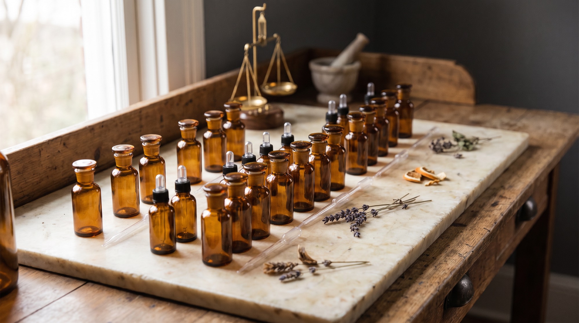 Amber glass vials, droppers and dried botanicals on a marble formulation bench