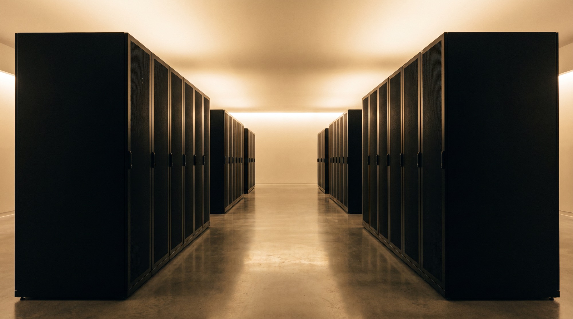 Aisle of dark server racks lit by warm ambient light